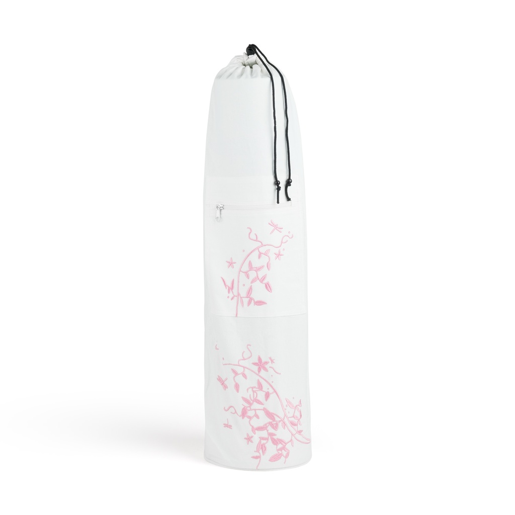Yoga Mat Bag - Cotton Canvas Drawstring Closure Embroidered Pink Flower - Yogavni 