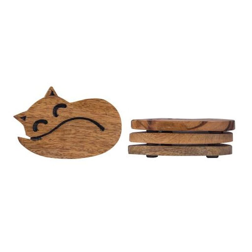 [690847360889] Coaster Set - Wood Sleeping Cat - Yogavni